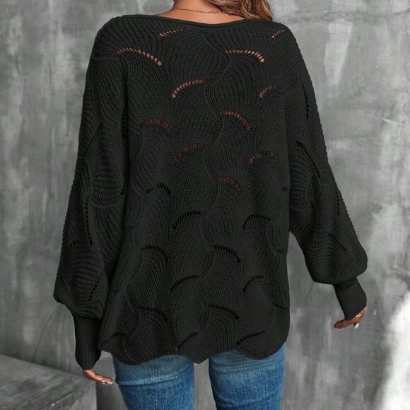 Black Women's Casual Hollow Out Batwing Sleeve Sweater - Picture 2 of 7